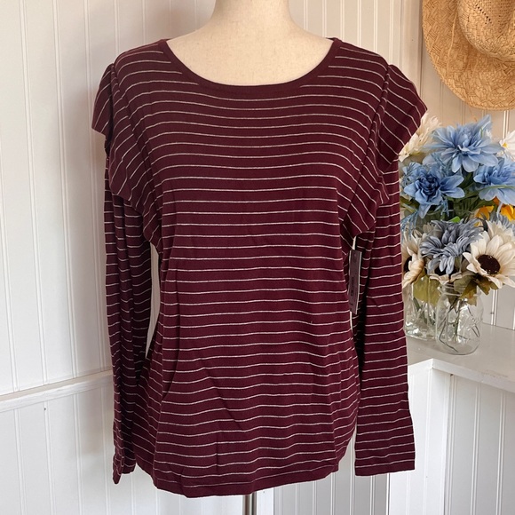 a.n.a Burgundy & Grey Striped Sweater Long Sleeve Ruffle. - Picture 1 of 9